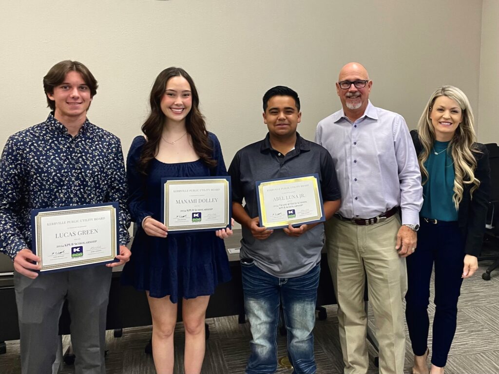Photo cutline: L to R: Three seniors were awarded 2024 scholarships at KPUB’s May Board Meeting. Pictured from left to right are Lucas Green (Tivy High School), Manami (Ally) Dolley (Tivy High School), Abel Luna (Ingram Tom Moore High School), Larry Howard (KPUB Board of Trustee Chairman) and Allison Bueche (KPUB Director of Customer & Community Relations). Not pictured is Gael Cruces (Tivy High School).