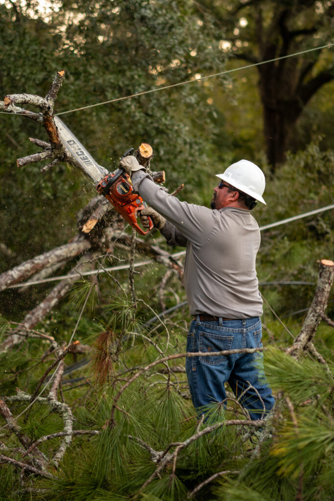 KPUB lineman, Jose Valdez, restoring power in Moultrie, GA, after damages from Hurricane Helene.